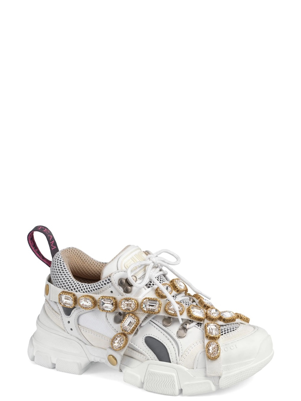 Gucci White Sneakers with Gold Jewel Straps and Pink Heel Loop